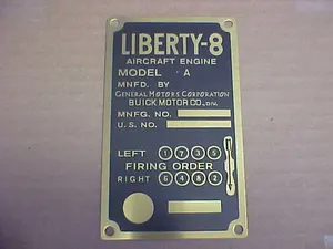Liberty 8 Aircraft Firing Order Data Plate GM Buick Engine - acid etched Brass
